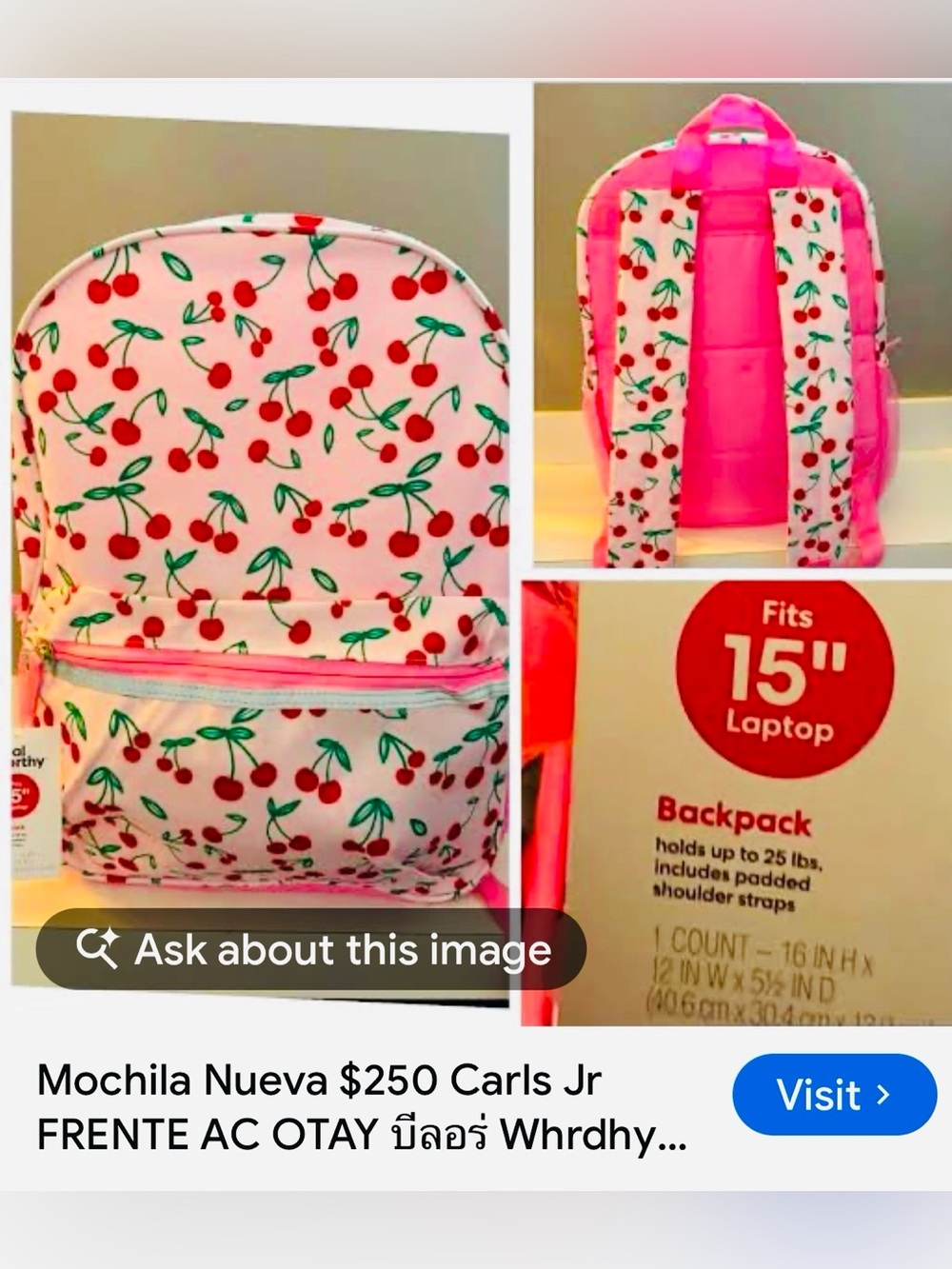 #3216**Kids Pink Cherry Print Backpack - Unbranded